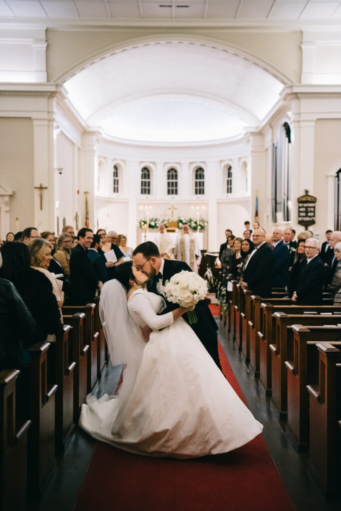 bride and groom after wedding ceremony at St. Thaddeus in Aiken, SC